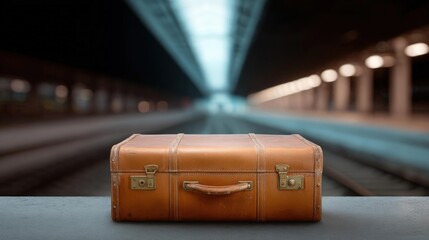 Old, brown leather suitcase sitting on a concrete surface in a train station. the suitcase has a handle and two metal latches on the front.