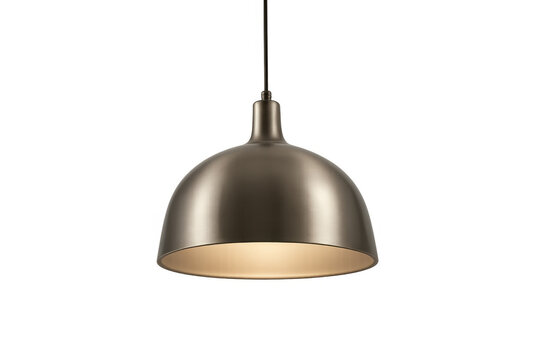 Modern metal pendant lamp illuminating a space, contemporary ceiling light fixture hanging, transparent background
