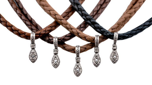 Set of braided leather necklaces with silver pendants for men, arranged symmetrically, transparent background
