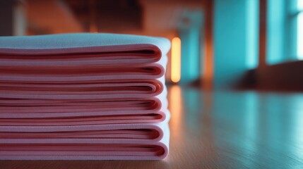 Stack of folded pink and blue yoga mats on a wooden table. the mats are neatly folded and stacked on top of each other, creating a neat and tidy appearance.