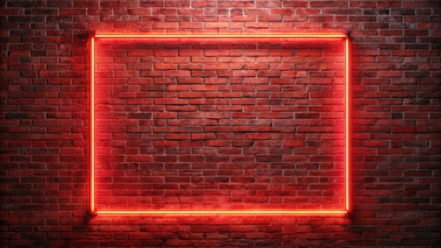 Illuminated Rectangular Neon Frame on a Rustic Brick Wall Background