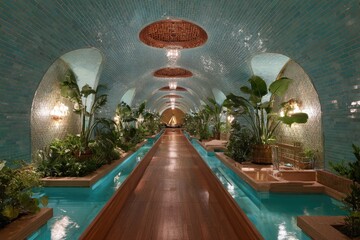 Luxurious Indoor Spa Pathway with Water Features and Lush Plants.