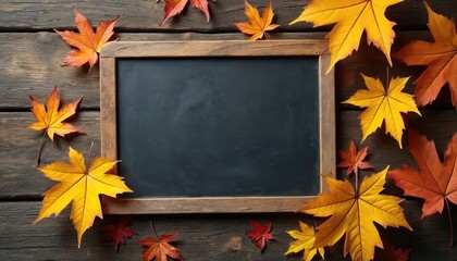 Rustic blackboard with fall leaves scattered around on weathered wood. Blank slate for autumn announcements, notes or seasonal sale messages. Use for education, event flyers or seasonal decor.