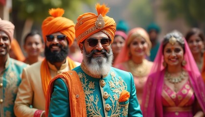 Man with beard wears orange turban and blue suit. Woman in pink sari smiles. People attend Indian wedding ceremony with vibrant colorful festive attire. Joyful family gathering.