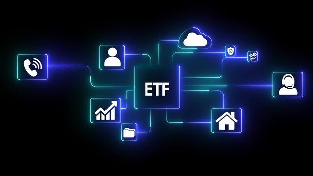 Exchange Traded Fund financial network concept with glowing digital connections representing stock market trading, investment, and economic growth