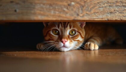 Ginger tabby cat peeks out from under wooden furniture on floor. Curious feline with big yellow eyes hides indoors, showing playful nature. Domestic animal peeking, domestic pet curiosity.