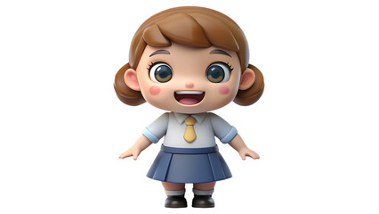 Cartoon girl in school uniform with brown hair and big eyes standing on a black background