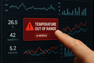 Temperature range warning alert highlights critical condition with system data chart for monitoring safety