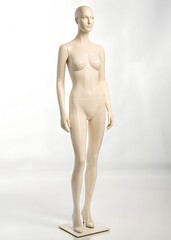 Fototapeta premium Front view of a nude woman, pale-skinned plastic figurine standing upright. white background