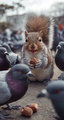 A Squirrel Shares a Nut with Pigeons in a City Setting.