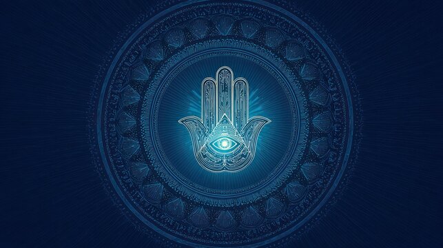 Symbolic hand of fatima hamsa illuminated against a blue background spiritual art