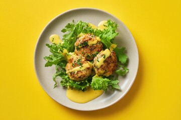 Delicious looking meal with three savory meatball appetizers on a bed of fresh greens with a creamy sauce.