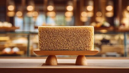 Light Brown Rectangular Loaf of Bread on Wooden Stand in Bakery.