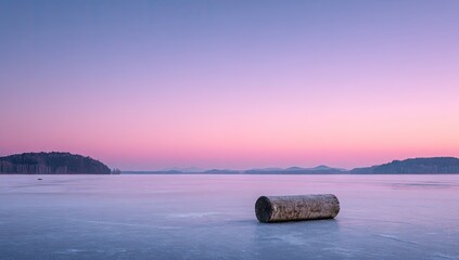 Tranquil Pink Sunrise Over Calm Water with Driftwood.