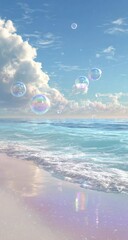 Pastel Beach Scene with Bubbles.