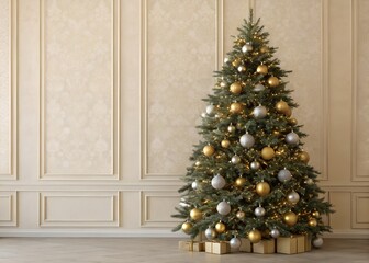 Christmas tree adorned with silver gold ornaments, standing in front of a beige wall. Festive atmosphere scene with copy space. Perfect for holiday card, party poster. Plain cream-colored wallpaper