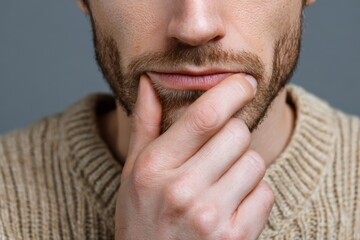 Fototapeta premium Man pressing lips together in tension, showing pressure of decision-making or focus.