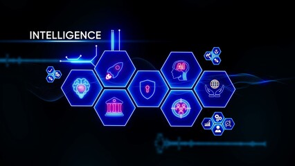 Digital intelligence network with glowing blue hexagons and icons on dark background technology data