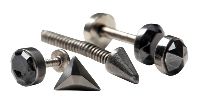 Set of men? stud earrings in silver and black titanium, various shapes, isolated on white