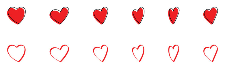 Valentine-day special collection of hand drawn love icons. Vintage hand-made abstract heart icons set on isolated page. Modern graphical outline heart set. EPS 10. 