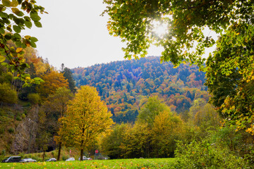 Beautiful mountain landscape in autumn colors in the Black Forest mountains of Germany.