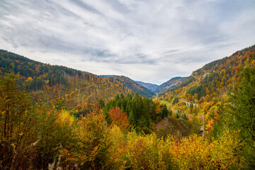 Beautiful mountain landscape in autumn colors in the Black Forest mountains of Germany.