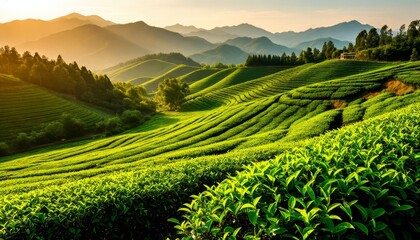 Fototapeta premium Gently sloping hills cultivating verdant rows of tea plants under the soft light of dawn or dusk, illustrating agricultural beauty and a serene landscape