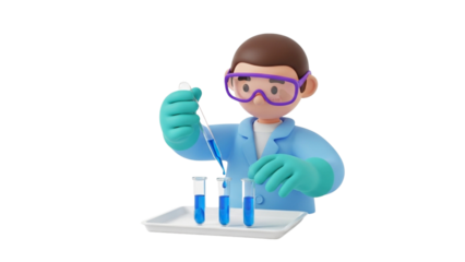 3D Cartoon Scientist Performing Experiment with Pipette and Test Tubes