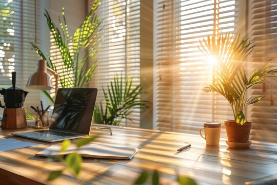 Minimalist home office scene, warm natural light, neutral tones of beige and brown, tidy desk, laptop, notebook and pen, cup of tea or coffee, green houseplant.
