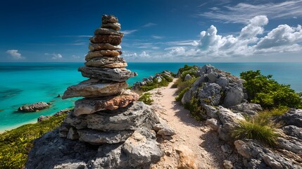 Trail with a Stone Cairn and Ocean View