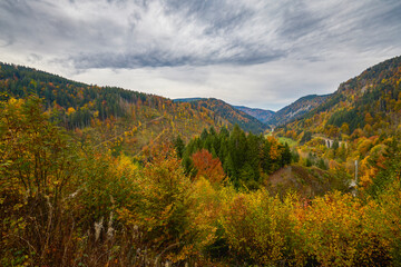 Beautiful mountain landscape in autumn colors in the Black Forest mountains of Germany.