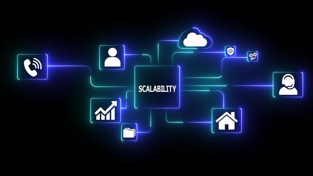 Futuristic digital network illustrating scalability concept with glowing blue icons representing business growth, connectivity, and data technology. - Powered by Adobe
