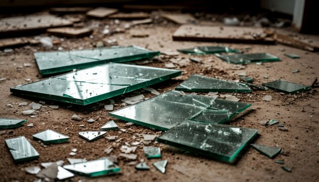 Shattered glass pieces lying on a dirty concrete floor in an abandoned, decaying building, representing concepts of destruction, danger, vandalism, and neglect