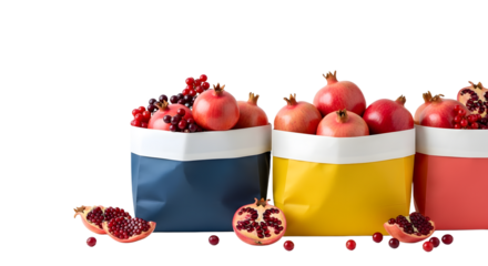 Fresh pomegranates in blue, yellow, and red bags with pomegranate seeds, healthy fruit perfect for nutrition and cooking concepts