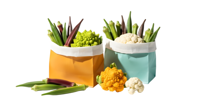 Fresh organic vegetables in reusable cloth bags including green beans, cauliflower, and Romanesco broccoli, perfect for healthy lifestyle or farmers market themes