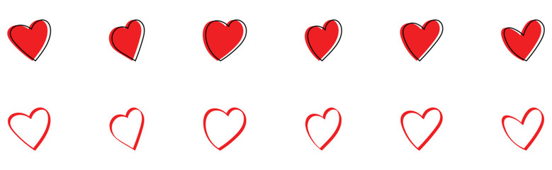 Modern red colour doodle heart icons set. Isolated abstract collection of love icons on white page. Hand-drawn valentine love icons. EPS 10. 