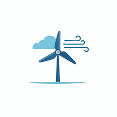 Blue Wind Turbine Icon with Cloud and Wind Illustration, Renewable Energy Concept, Sustainable Power Source, Clean Energy in simple graphics style
