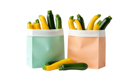 Fresh yellow summer squash and green zucchini in reusable paper bags on white background, healthy vegetable shopping, perfect for cooking and diet visuals