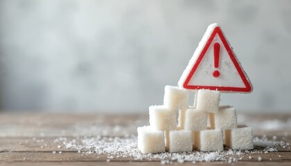 White sugar cubes stacked precariously under red warning sign. Symbolizes health risks of excess sugar intake and diet dangers. Represents caution about overconsumption. Nutritional awareness concept.