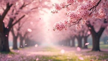 Pink cherry blossoms line a path in spring. Petals drift down onto grass creating a soft, dreamy scene. Trees form an avenue under bright, blurred light.