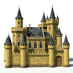 Fototapeta premium Detailed render of a medieval castle with towers and a gate on a white background in daylight