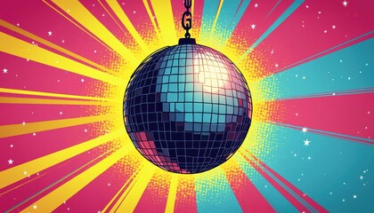 Retro disco ball hangs in center radiating vibrant colors and starbursts. Dynamic pop art style illustration for parties music clubs and retro themes.