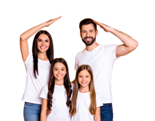 Happy family, parents create a roof over daughters' heads, all in white tees, against dark backdrop