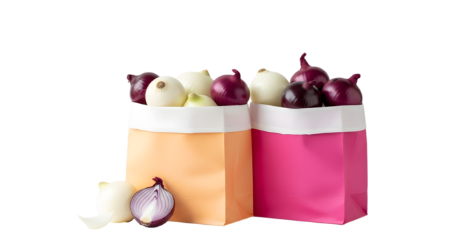 Fresh white and red onions packed in colorful paper bags isolated on white, perfect for grocery shopping or kitchen use