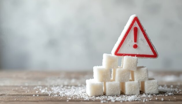 White sugar cubes stacked precariously under red warning sign. Symbolizes health risks of excess sugar intake and diet dangers. Represents caution about overconsumption. Nutritional awareness concept.