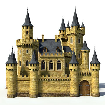 Detailed render of a medieval castle with towers and a gate on a white background in daylight
