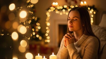 Woman praying with folded hand near christmas tree and lit candles, spiritual christian christmas prayer during holiday, footage. - Powered by Adobe