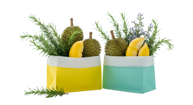 Decorative tropical fruit and foliage arrangements in modern yellow and teal ceramic containers, ideal for home decor or event styling