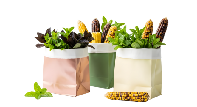 Three paper bags filled with fresh herbs and multicolored corn cobs on white background, perfect for organic market and healthy food themes
