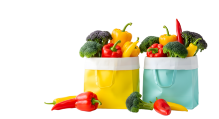 Fresh colorful bell peppers and broccoli in reusable shopping bags isolated on white, perfect for healthy lifestyle and grocery concepts
